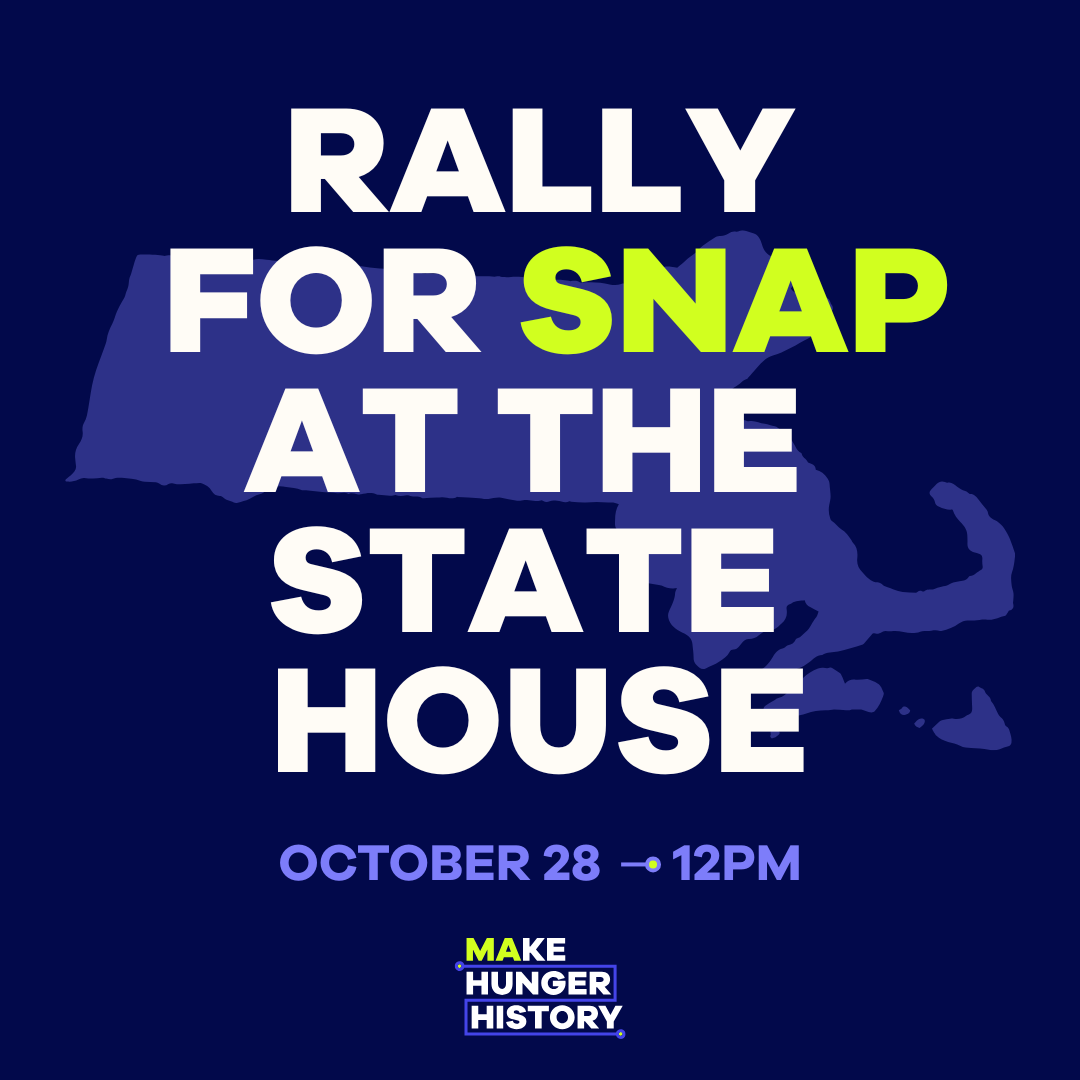 Rally for SNAP at the State House text over an outline of Massachuesetts